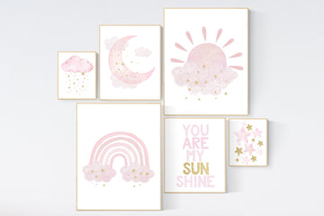 Nursery wall art girl pink and gold, baby room decor girl gold and pink, dream big little one, cloud and stars, baby room, moon and star