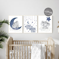 Nursery decor boy elephant, navy nursery decor, we love you to the moon and back, moon and stars, navy blue nursery art, elephant nursery