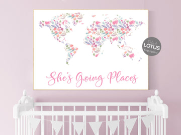 Boho nursery, girl room decor, Floral World Map, Girl Nursery Decor, Travel Nursery, floral Nursery, girl nursery decor, girls room decor