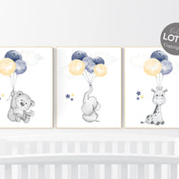 Animal nursery wall art, nursery decor Navy yellow, giraffe, elephant, bear, navy and yellow, gender neutral nursery, animal prints