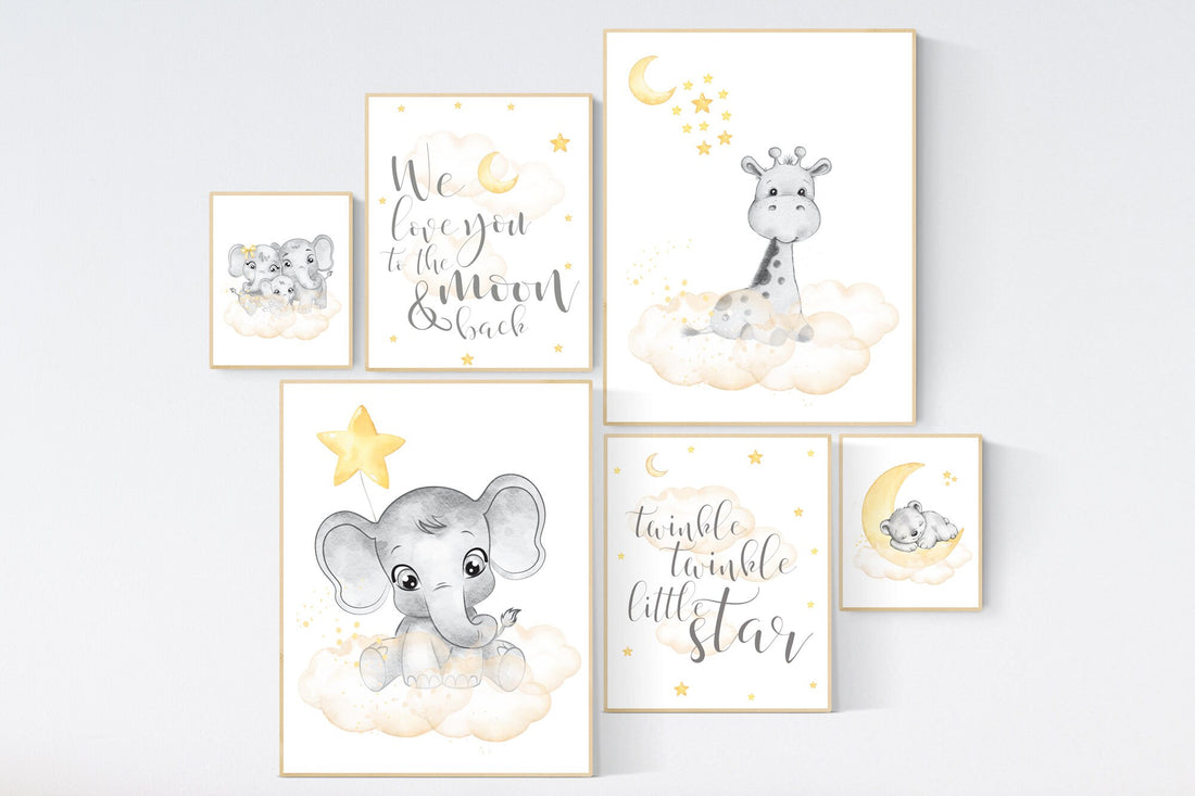 Nursery decor neutral, Yellow nursery, nursery wall art elephant, giraffe nursery, gender neutral, yellow and grey nursery, baby room art