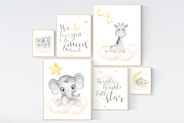 Nursery decor neutral, Yellow nursery, nursery wall art elephant, giraffe nursery, gender neutral, yellow and grey nursery, baby room art