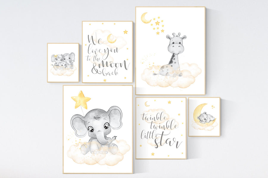 Nursery decor neutral, Yellow nursery, nursery wall art elephant, giraffe nursery, gender neutral, yellow and grey nursery, baby room art
