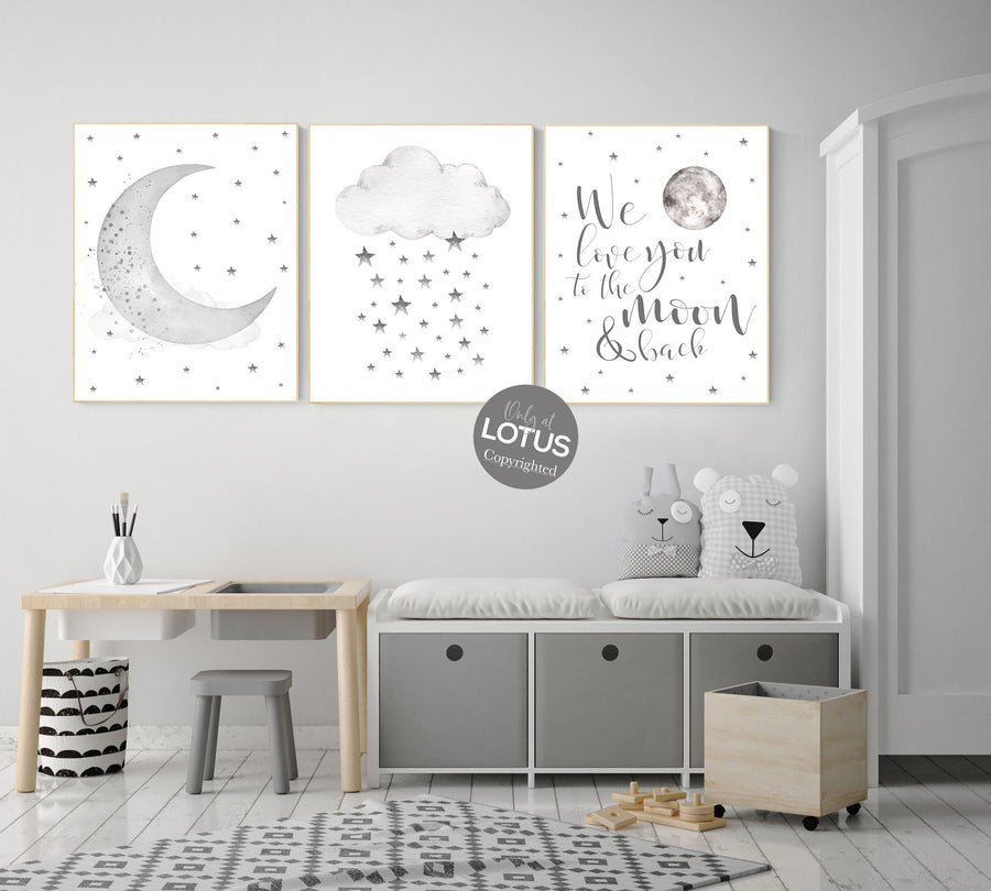 Nursery wall art grey, gray nursery, nursery decor neutral, baby room decor gender neutral, moon and stars, grey nursery decor baby room art