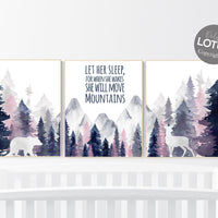 Nursery decor woodland, mountain wall art, tree nursery decor, adventure theme nursery, forest, navy, blush woodland animals, forest
