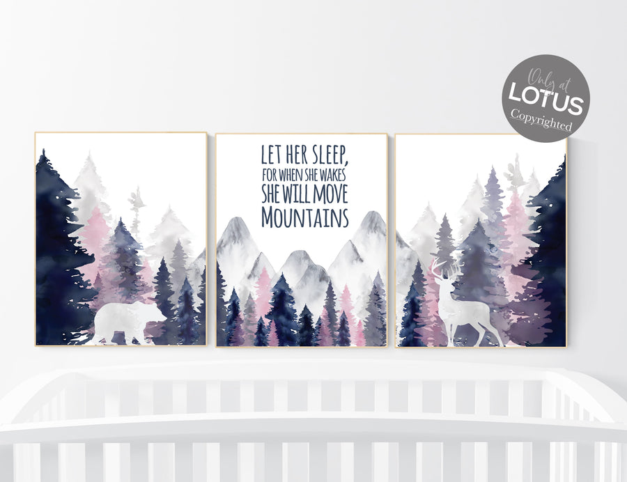 Nursery decor woodland, mountain wall art, tree nursery decor, adventure theme nursery, forest, navy, blush woodland animals, forest