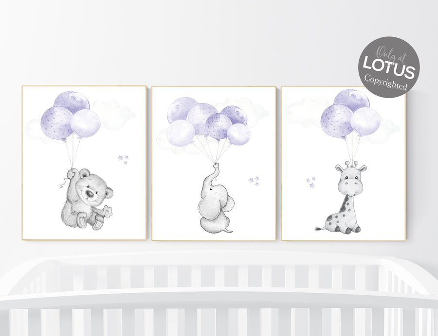 Nursery decor girl purple, purple nursery, animal prints, , lavender nursery, lilac nursery, elephant nursery, balloon nursery, bear nursery