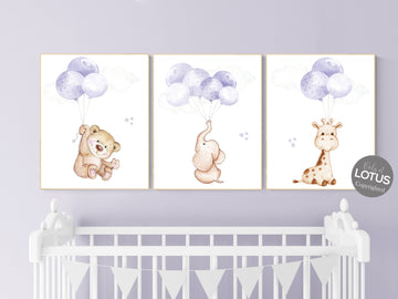 Nursery decor girl purple, purple nursery, animal prints, , lavender nursery, lilac nursery, elephant nursery, balloon nursery, bear nursery