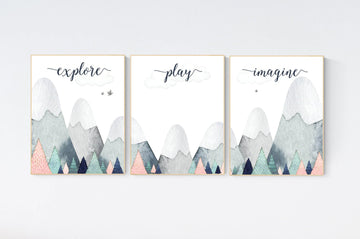 Nursery decor mountain, adventure nursery, adventure theme nursery, woodland, gender neutral, explore, play, imagine