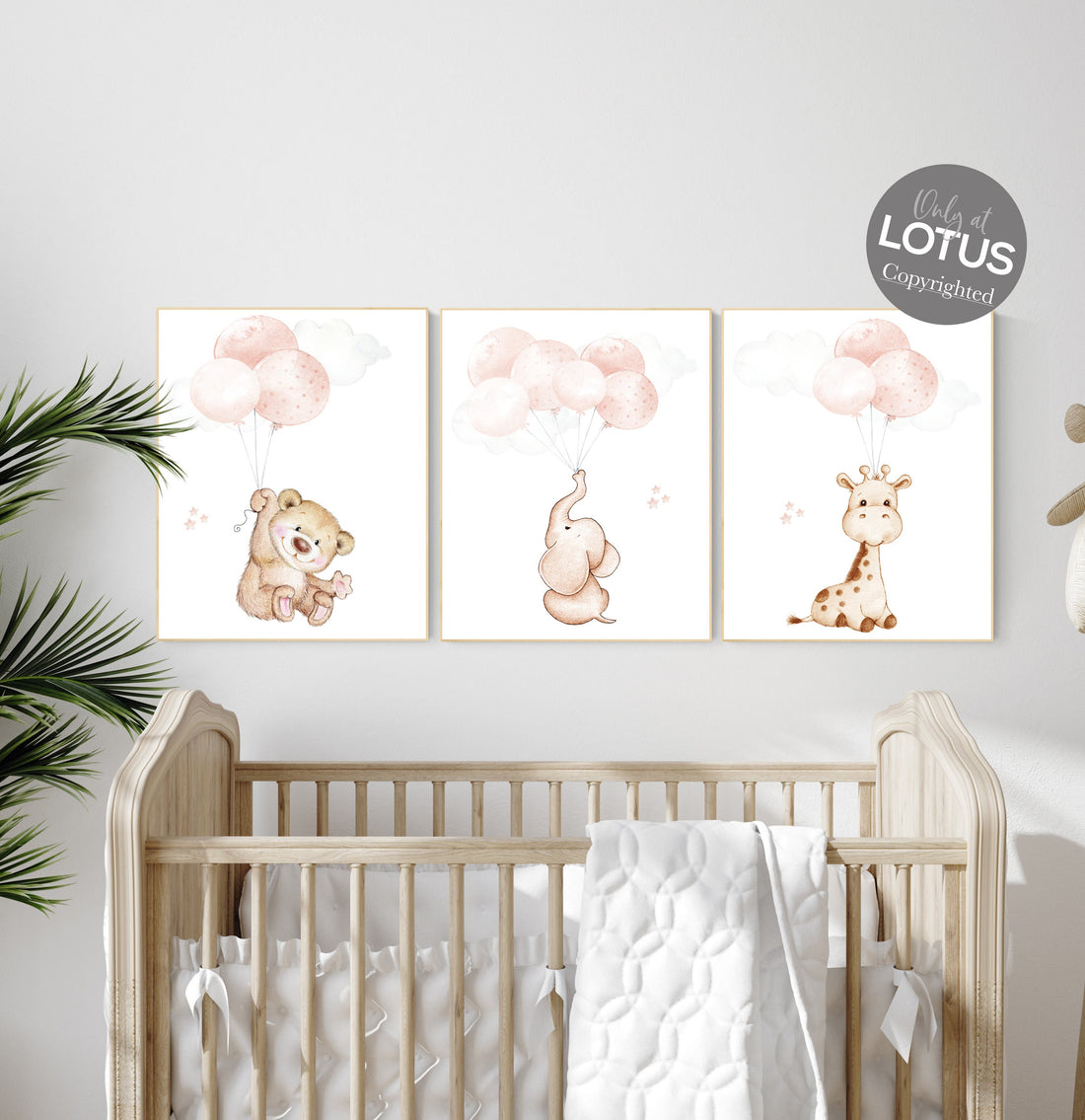 Blush pink nursery decor, girl nursery, animal prints, elephant nursery, bear nursery, giraffe nursery, balloon nursery, baby girl room