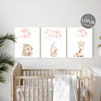 Blush pink nursery decor, girl nursery, animal prints, elephant nursery, bear nursery, giraffe nursery, balloon nursery, baby girl room