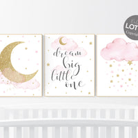 Nursery wall art girl pink and gold, baby room decor girl gold and pink, dream big little one, cloud and stars, baby room, moon and star