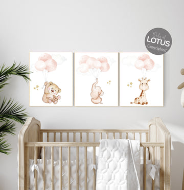 Girl nursery decor, Blush gold nursery, animal prints, elephant nursery, bear nursery, giraffe nursery, balloon nursery, blush gold