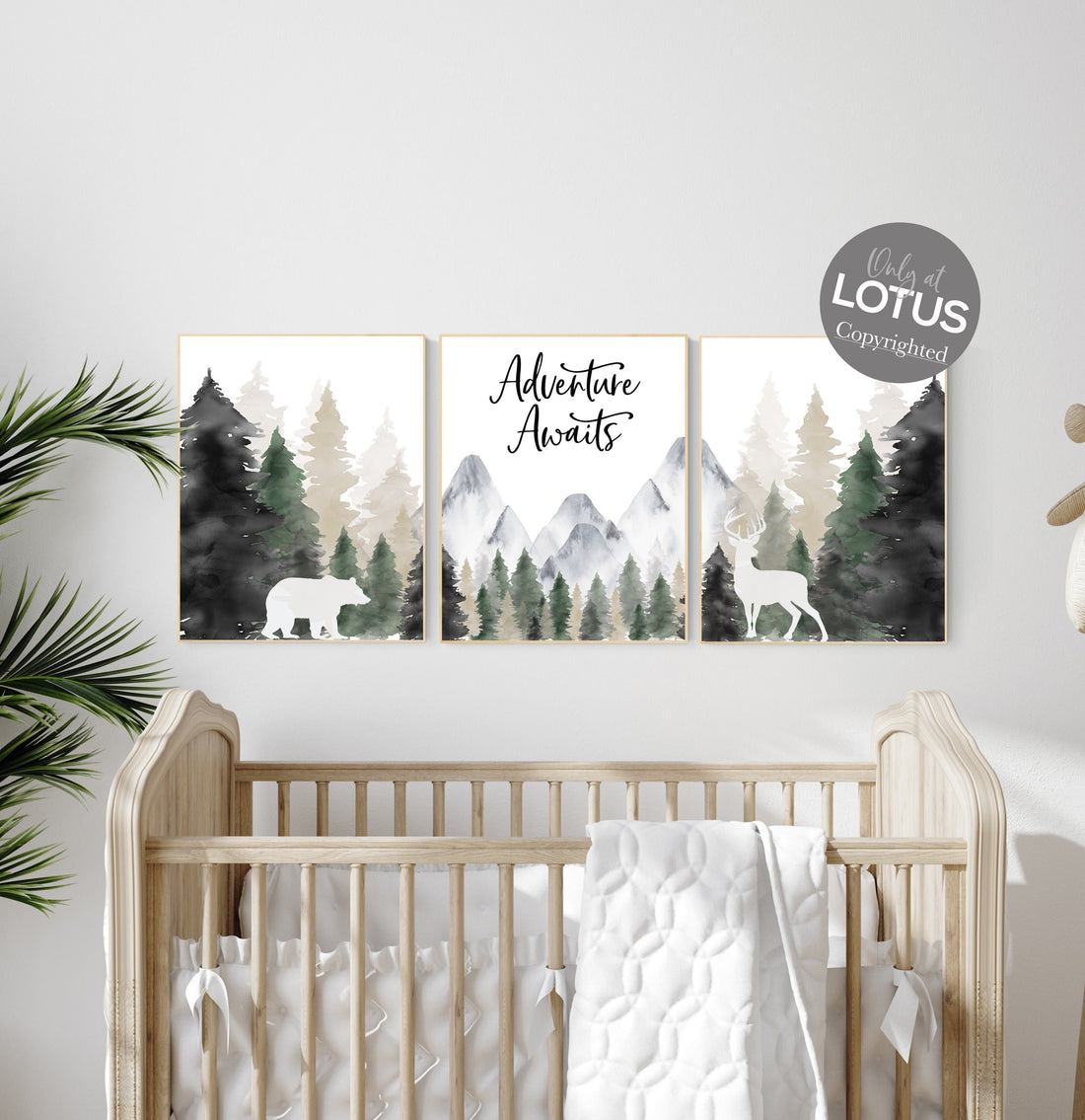Nursery decor woodland, mountain wall art, tree nursery decor, adventure theme nursery, forest, sage green, beige, woodland animals