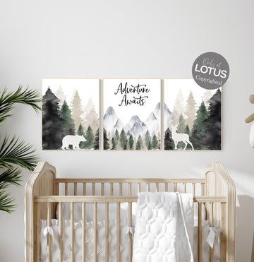 Nursery decor woodland, mountain wall art, tree nursery decor, adventure theme nursery, forest, sage green, beige, woodland animals