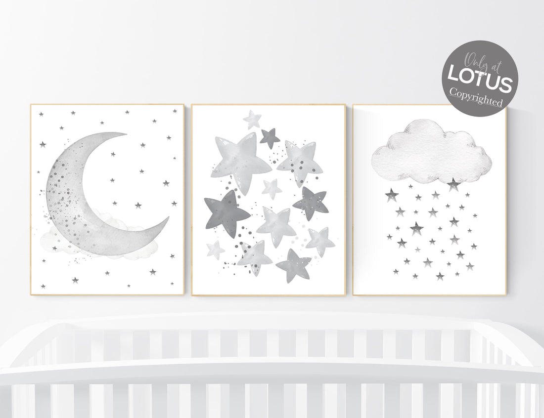Moon and Stars Nursery Art: Neutral Gray Baby Room Decor