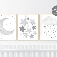 Moon and Stars Nursery Art: Neutral Gray Baby Room Decor