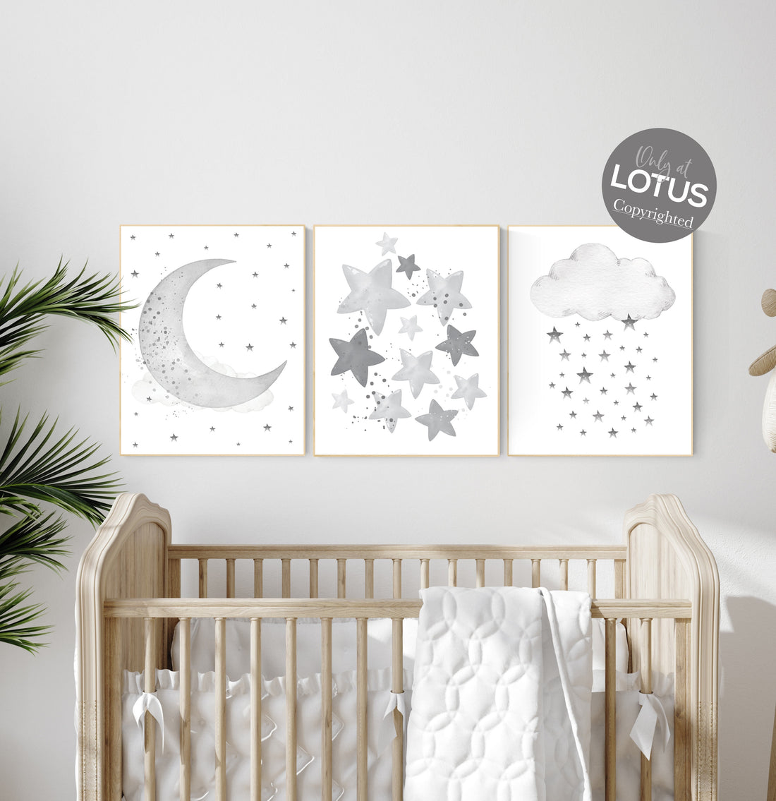Moon and Stars Nursery Art: Neutral Gray Baby Room Decor