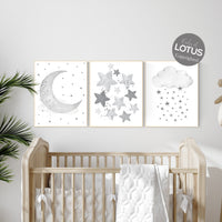 Moon and Stars Nursery Art: Neutral Gray Baby Room Decor