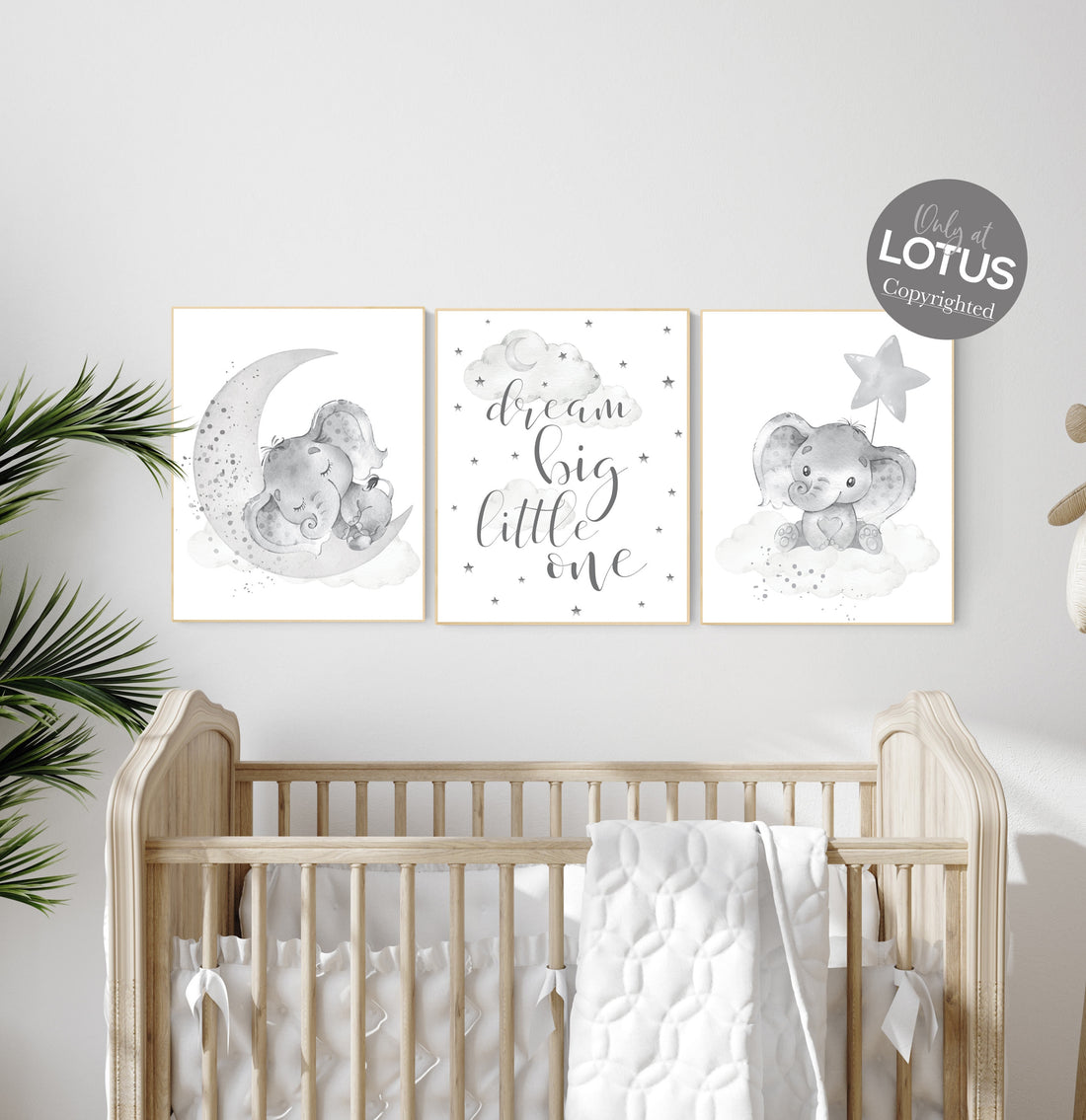 Grey nursery wall art, elephant nursery wall art, gender neutral, gray nursery art, nursery wall decor, moon, stars, neutral, twin nursery