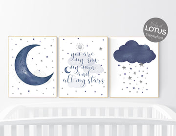 Nursery decor boy, navy nursery decor, moon and stars, navy blue nursery art, baby boy nursery art, nursery wall decor, boys room decor