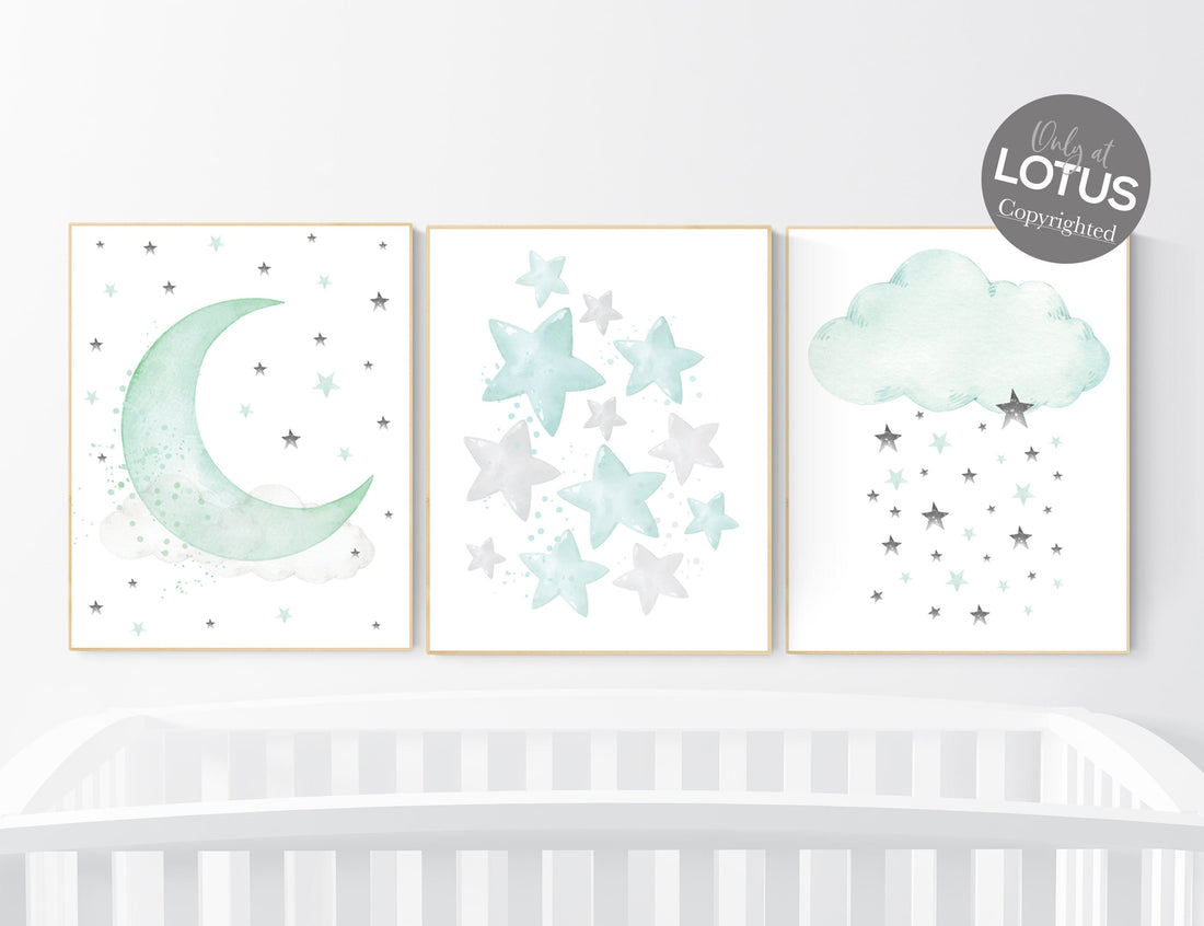 Mint and gray nursery wall art, mint green nursery decor, moon and stars nursery, gender neutral, baby room wall art, star nursery, moon