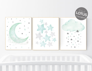 Moon and Stars Nursery Wall Art Set of 3 - Mint Green Cloud Print - Gender Neutral Baby Room Decor, Nursery prints, baby room art