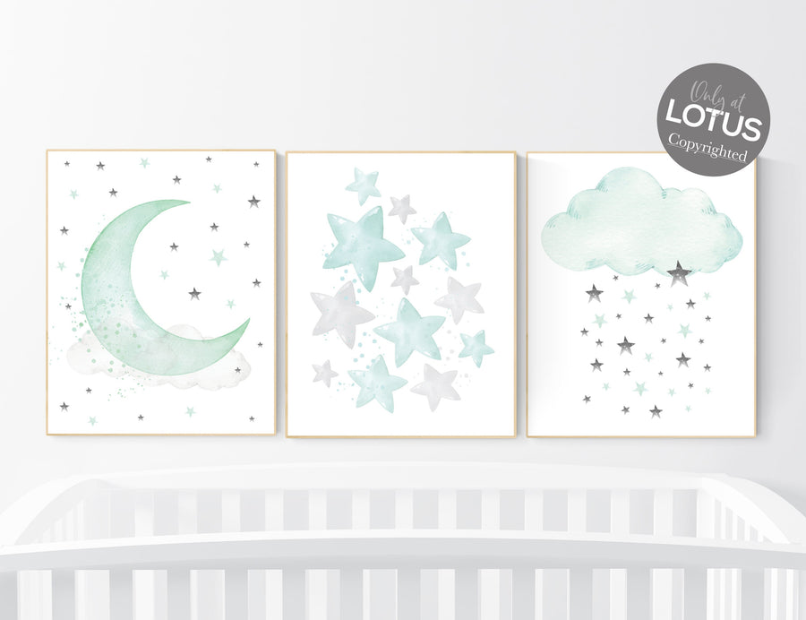 Moon and Stars Nursery Wall Art Set of 3 - Mint Green Cloud Print - Gender Neutral Baby Room Decor, Nursery prints, baby room art