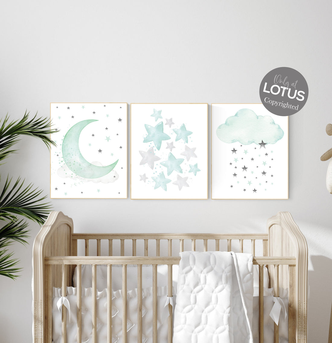 Moon and Stars Nursery Wall Art Set of 3 - Mint Green Cloud Print - Gender Neutral Baby Room Decor, Nursery prints, baby room art