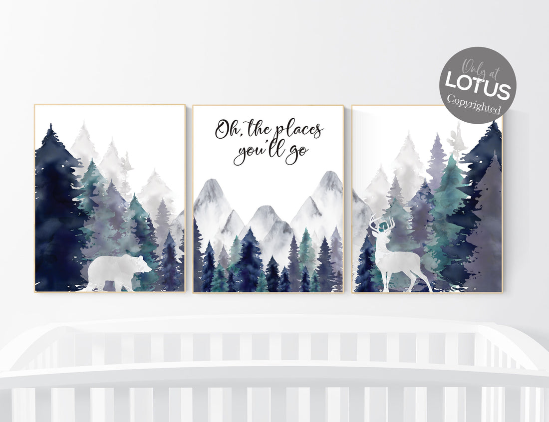 Woodland nursery decor, mountain wall art, tree nursery decor, adventure theme nursery, forest, navy and teal, woodland animals, woodland