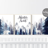 Nursery decor woodland, mountain wall art, tree nursery decor, adventure theme nursery, forest, navy and baby blue, woodland animals