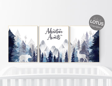 Nursery decor woodland, mountain wall art, tree nursery decor, adventure theme nursery, forest, navy and baby blue, woodland animals