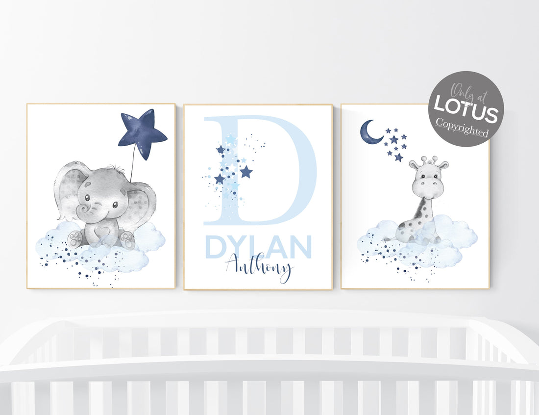 Nursery decor boy, navy blue nursery, elephant,, nursery wall art boy, nursery prints boy, set of 3, navy nursery, name nursery, custom