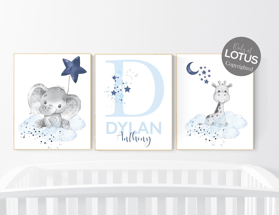 Nursery decor boy, navy blue nursery, elephant,, nursery wall art boy, nursery prints boy, set of 3, navy nursery, name nursery, custom
