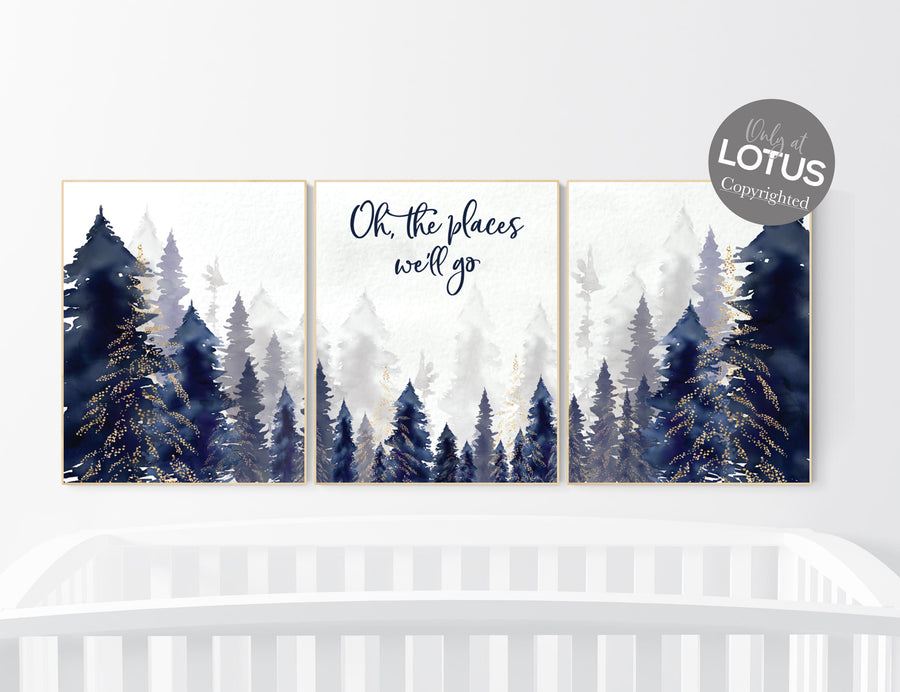 Woodland Nursery Decor, Baby Boy Nursery, Mountain Nursery, Adventure Awaits Print, Nursery decor boy, woodland nursery, navy gold