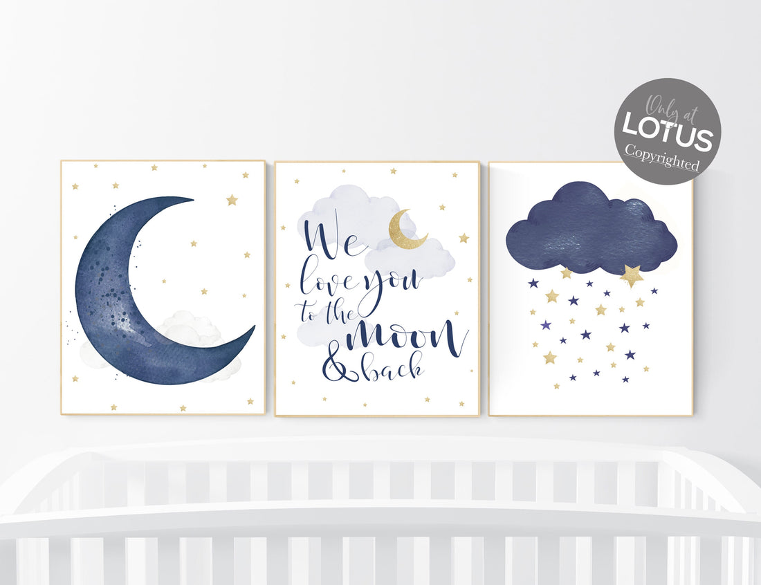 Navy nursery decor, cloud and stars, moon and stars, navy gold nursery art. baby room wall art, boy nursery decor, set of 3, nursery art