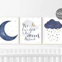 Navy nursery decor, cloud and stars, moon and stars, navy gold nursery art. baby room wall art, boy nursery decor, set of 3, nursery art