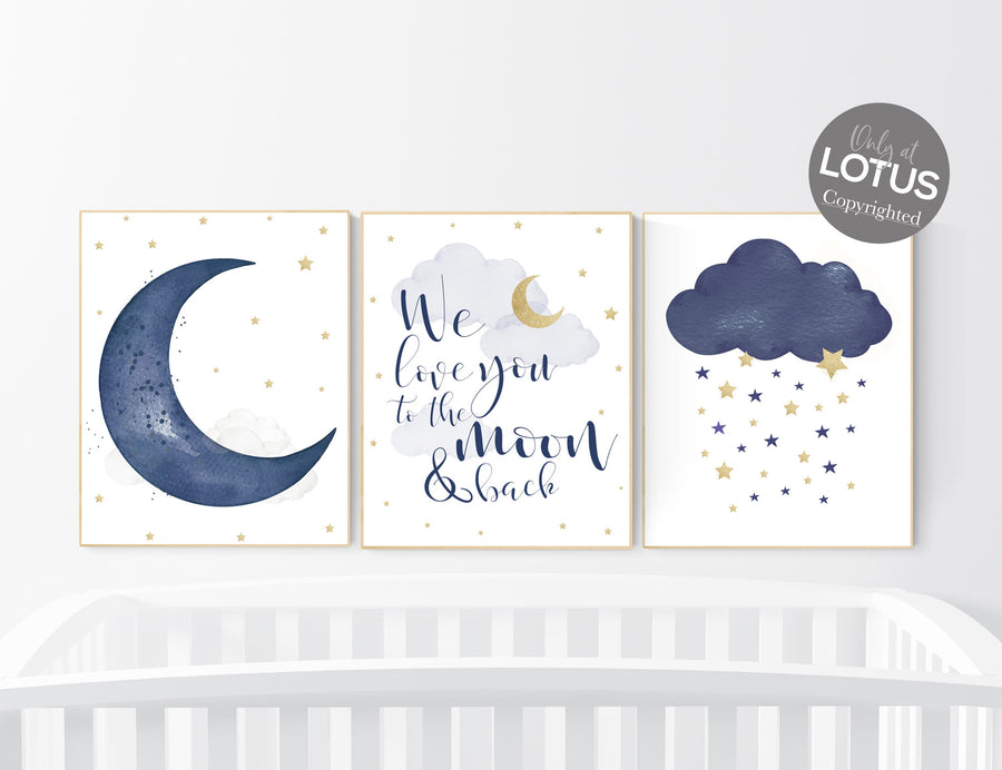 Navy nursery decor, cloud and stars, moon and stars, navy gold nursery art. baby room wall art, boy nursery decor, set of 3, nursery art