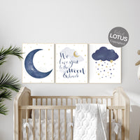 Navy nursery decor, cloud and stars, moon and stars, navy gold nursery art. baby room wall art, boy nursery decor, set of 3, nursery art