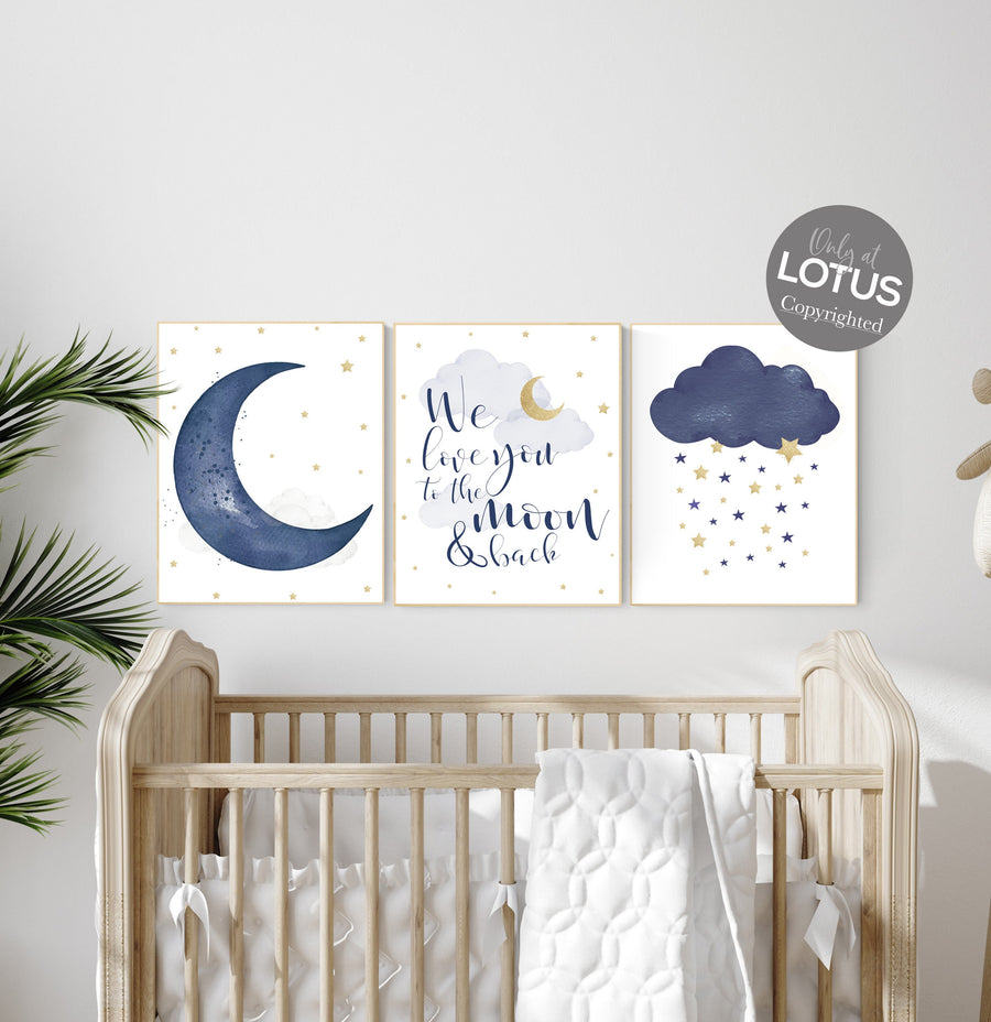 Navy nursery decor, cloud and stars, moon and stars, navy gold nursery art. baby room wall art, boy nursery decor, set of 3, nursery art