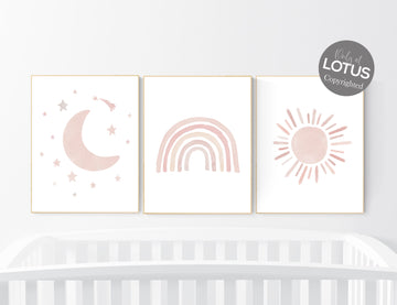 Nursery prints rainbow, Nursery decor girl, nursery wall art, blush pink, moon star, cloud, nursery wall art, light coral, blush, rainbow