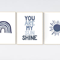 You are my sunshine, navy nursery wall art, rainbow nursery, nursery wall art boy, navy Blue, moon, stars, navy nursery, boy nursery decor