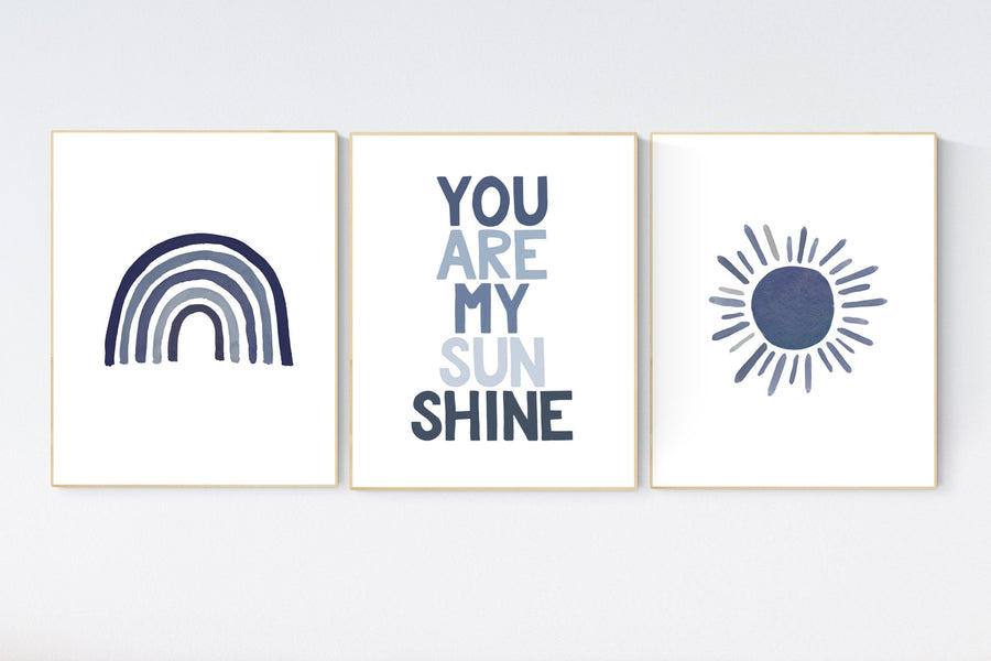 You are my sunshine, navy nursery wall art, rainbow nursery, nursery wall art boy, navy Blue, moon, stars, navy nursery, boy nursery decor