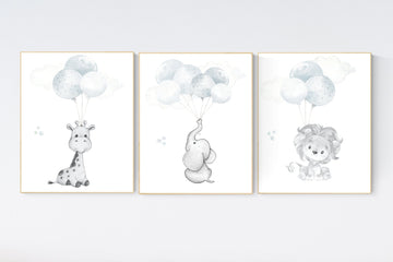 Nursery wall art animals, baby room decor blue gray, baby room decor lion, elephant, giraffe, animal nursery decor, nursery prints