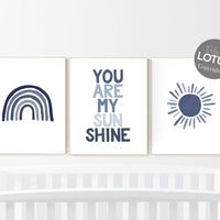 You are my sunshine, navy nursery wall art, rainbow nursery, nursery wall art boy, navy Blue, moon, stars, navy nursery, boy nursery decor