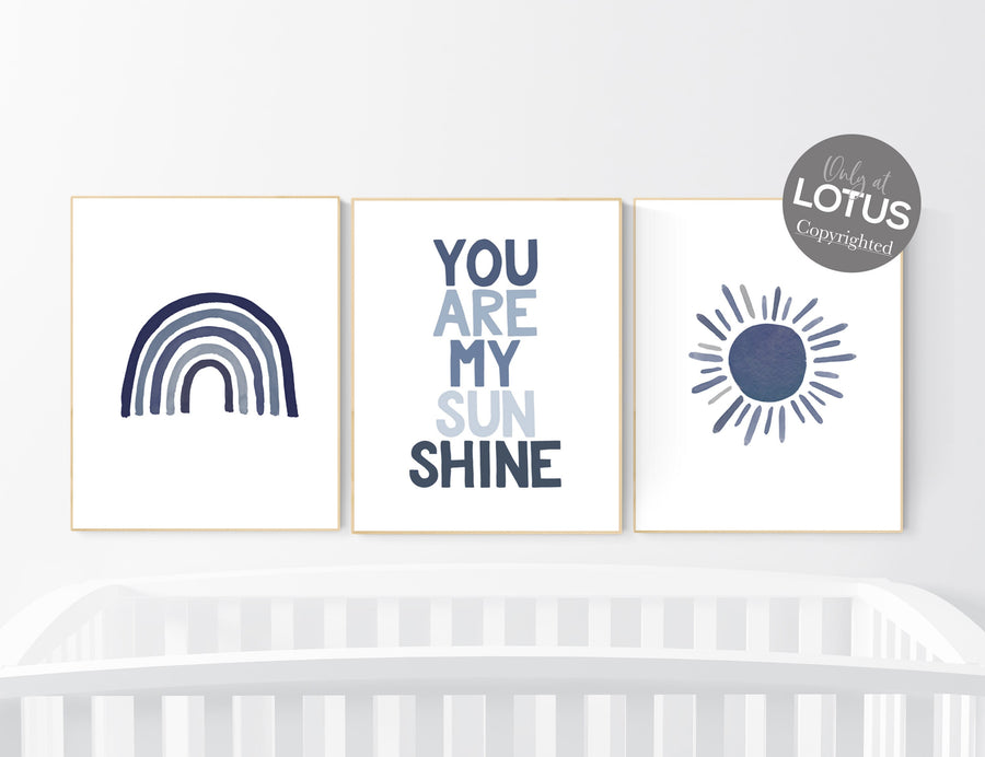 You are my sunshine, navy nursery wall art, rainbow nursery, nursery wall art boy, navy Blue, moon, stars, navy nursery, boy nursery decor