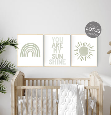 Nursery prints rainbow, gender neutral, sage green nursery wall decor, rainbow, sun, you are my sunshine, nursery decor neutral, green