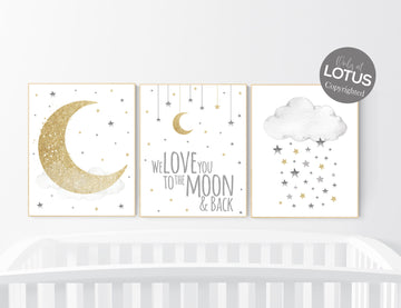 Nursery wall art grey, gray gold nursery, nursery decor neutral, baby room decor gender neutral, moon and stars, grey gold, baby room art