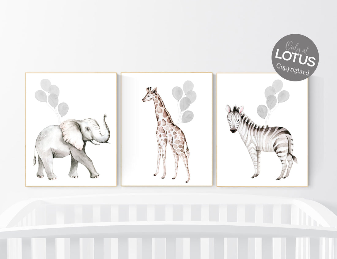 Safari nursery decor, gender neutral nursery, gray nursery decor, safari animals, nursery decor woodland, balloon nursery, animal prints