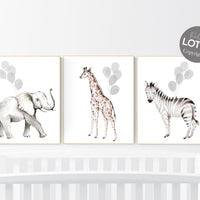 Safari nursery decor, gender neutral nursery, gray nursery decor, safari animals, nursery decor woodland, balloon nursery, animal prints